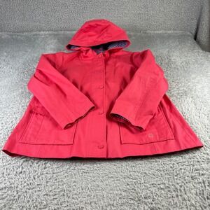 Talbots Petites Coral Pink Hooded Raincoat Jacket Blue Gingham Lined Size LP